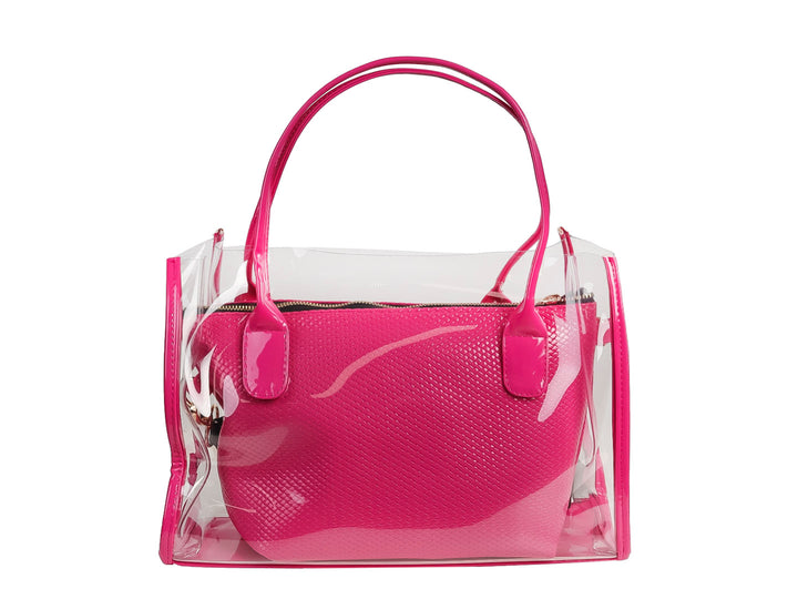 Bolso de hombro Ferretina con exterior transparente y compartimento interior en color rosa fucsia brillante.