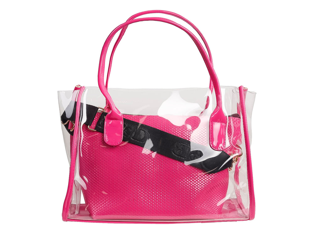 Bolso de hombro Ferretina con exterior transparente y compartimento interior en color rosa fucsia brillante.