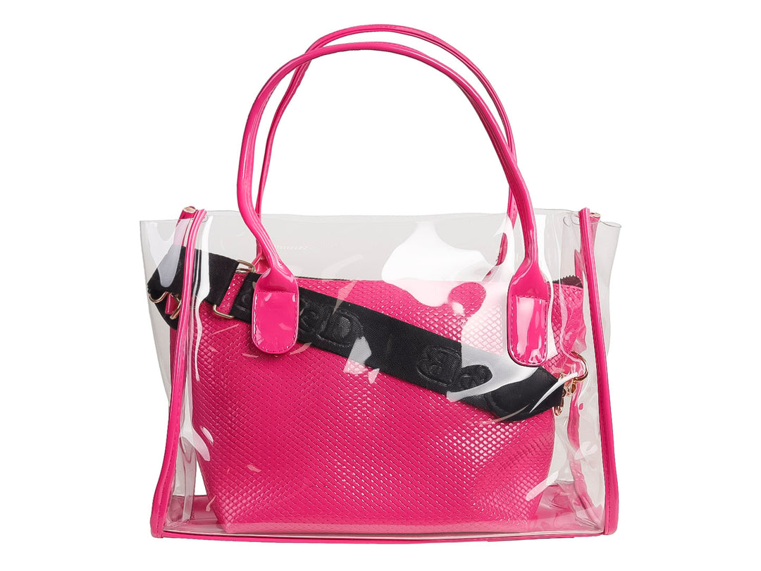 Bolso de hombro Ferretina con exterior transparente y compartimento interior en color rosa fucsia brillante.