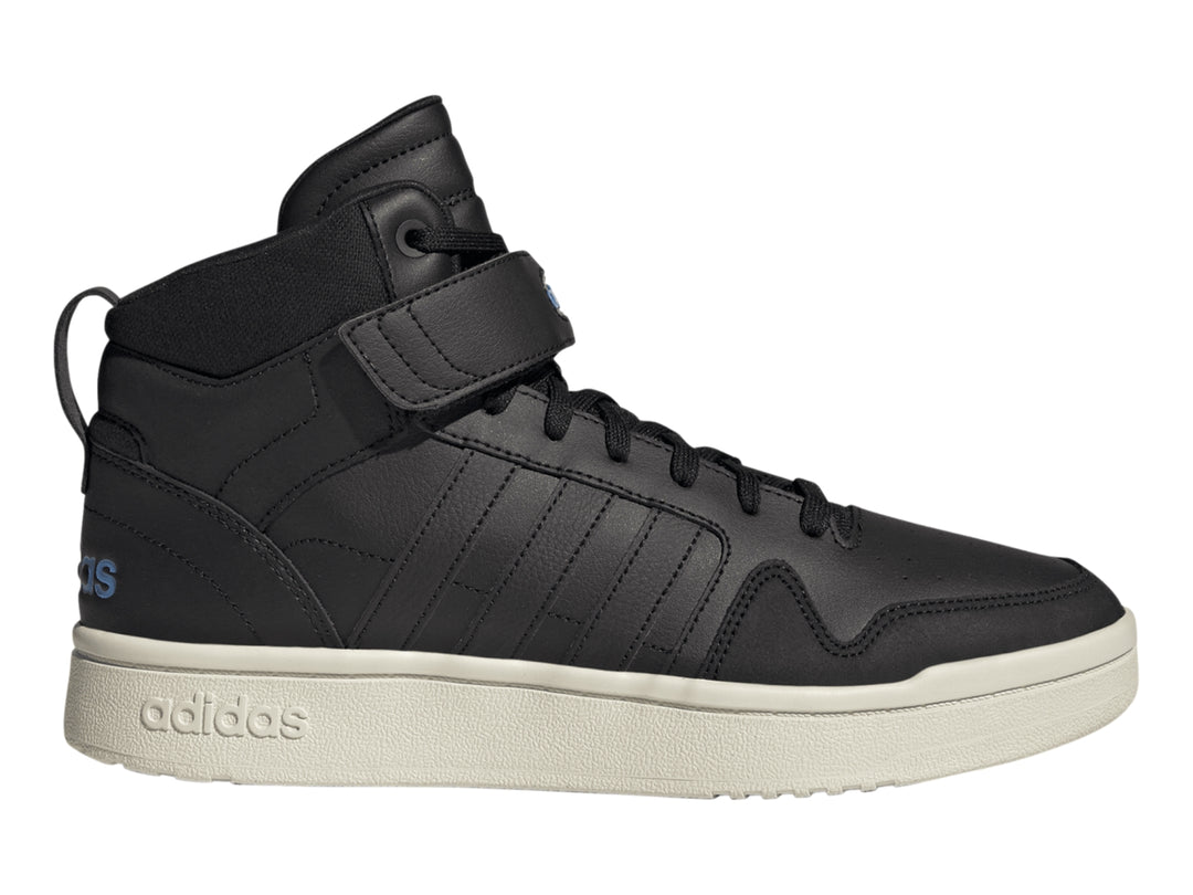 Tenis Adidas Postmove Mid color negro con suela blanca y detalles en azul.