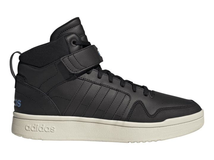 Tenis Adidas Postmove Mid color negro con suela blanca y detalles en azul.