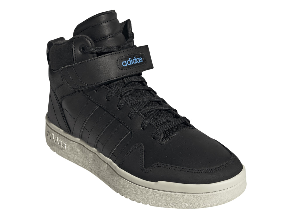 Tenis Adidas Postmove Mid color negro con suela blanca y detalles en azul.