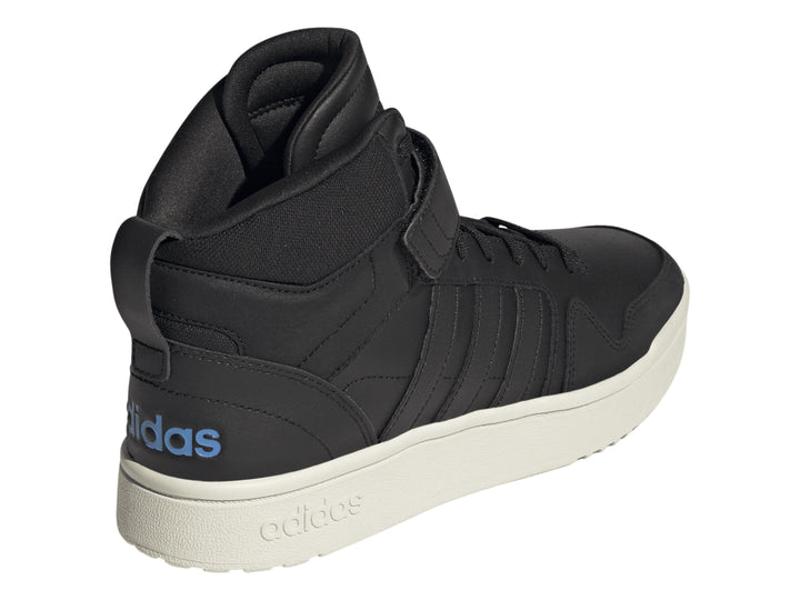 Tenis Adidas Postmove Mid color negro con suela blanca y detalles en azul.