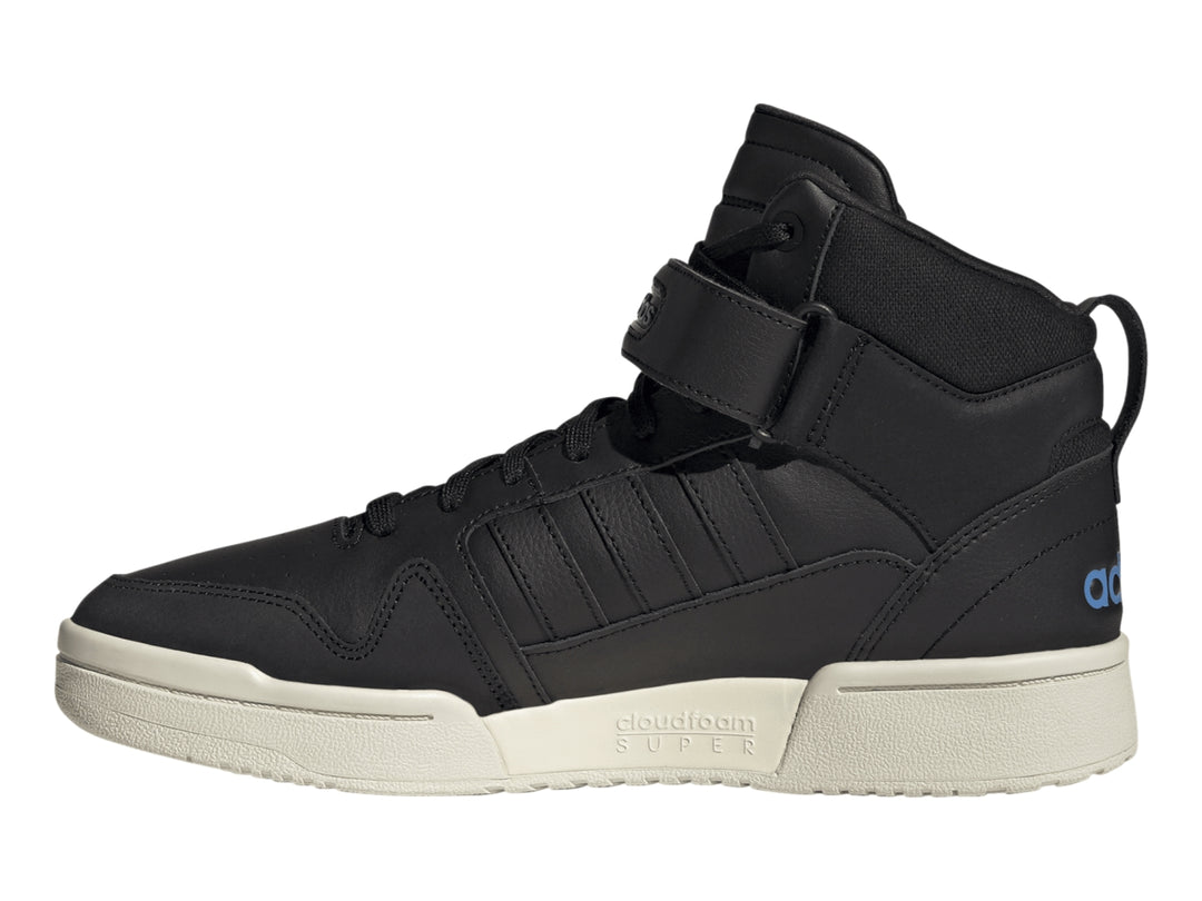 Tenis Adidas Postmove Mid color negro con suela blanca y detalles en azul.
