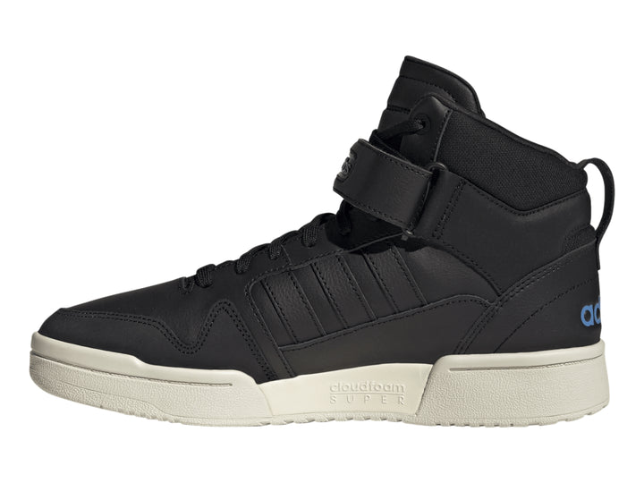 Tenis Adidas Postmove Mid color negro con suela blanca y detalles en azul.