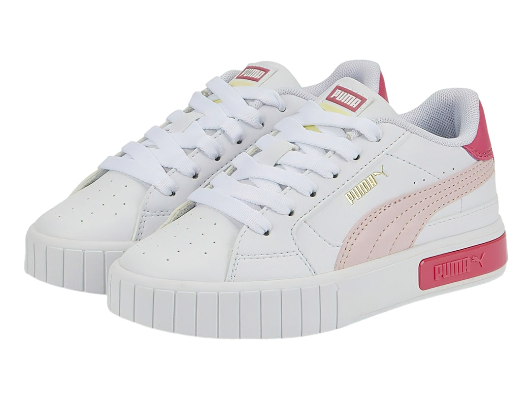 Tenis PUMA Cali Star JR en color blanco con detalles en rosa y suela de plataforma blanca.