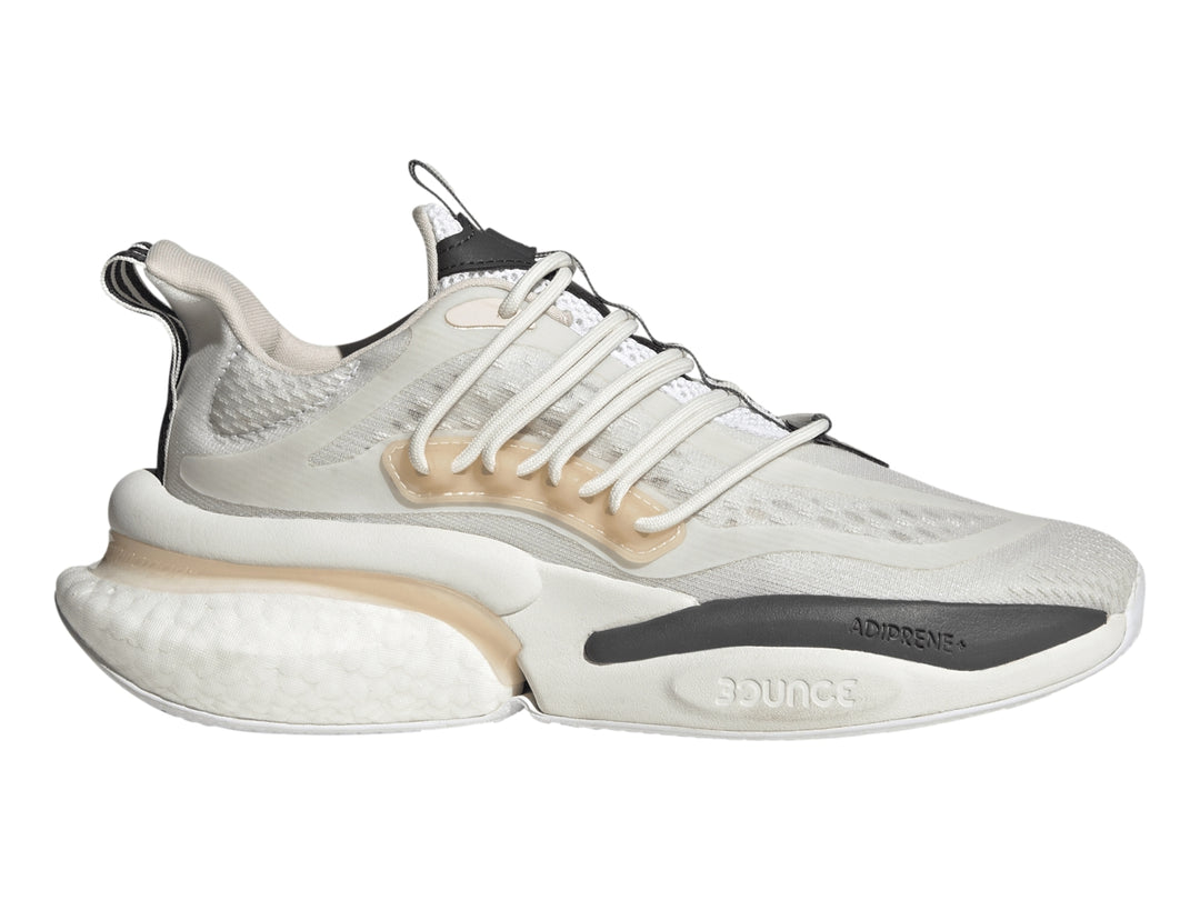 Tenis Adidas Alphaboost V1 en color blanco con detalles en beige y gris, diseño deportivo moderno.