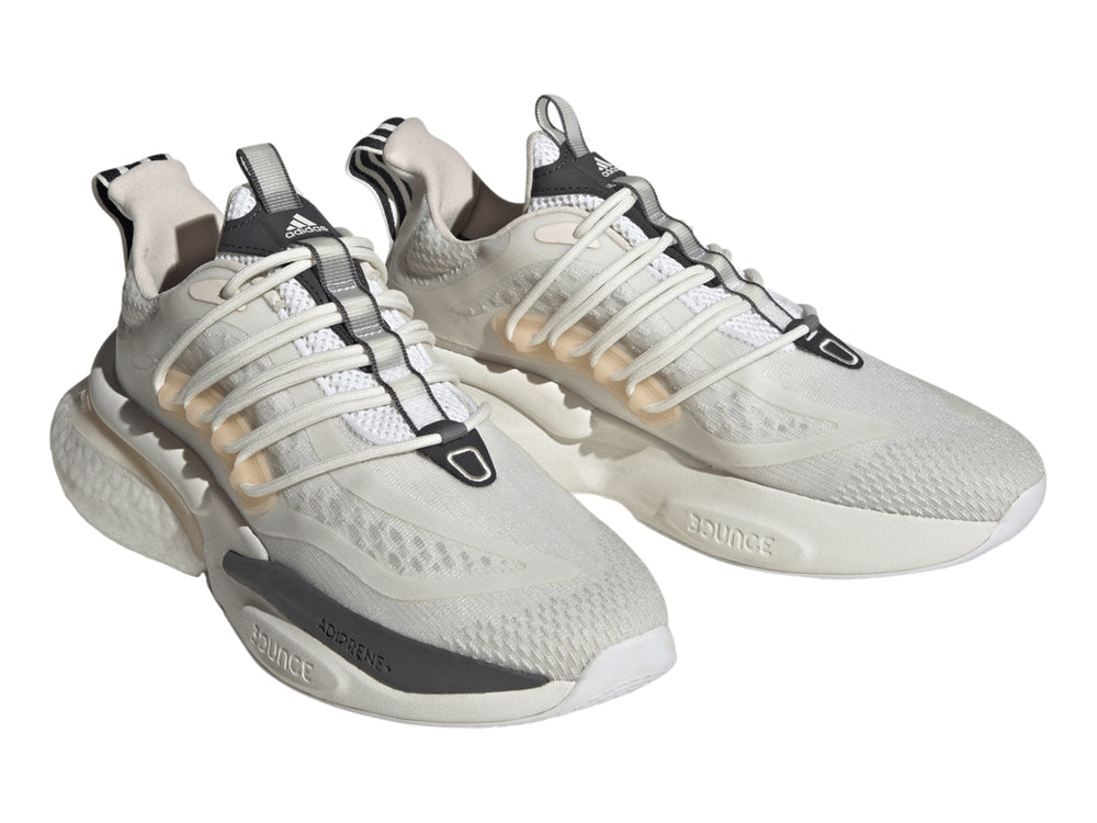 Tenis Adidas Alphaboost V1 en color blanco con detalles en beige y gris, diseño deportivo moderno.