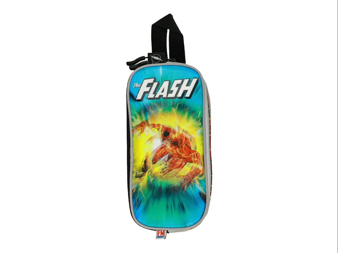 Lapicera azul de The Flash con ilustración del personaje en acción y correa de transporte negra.