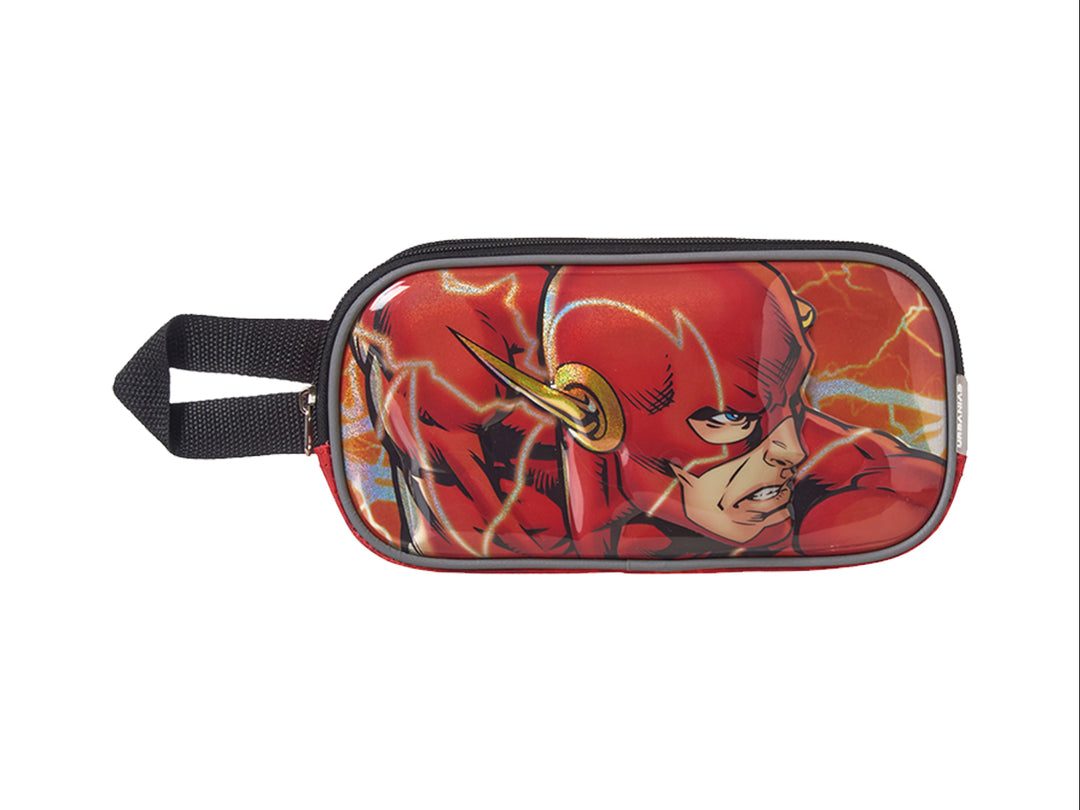 Lapicera roja y negra con diseño del superhéroe The Flash y asa lateral negra.