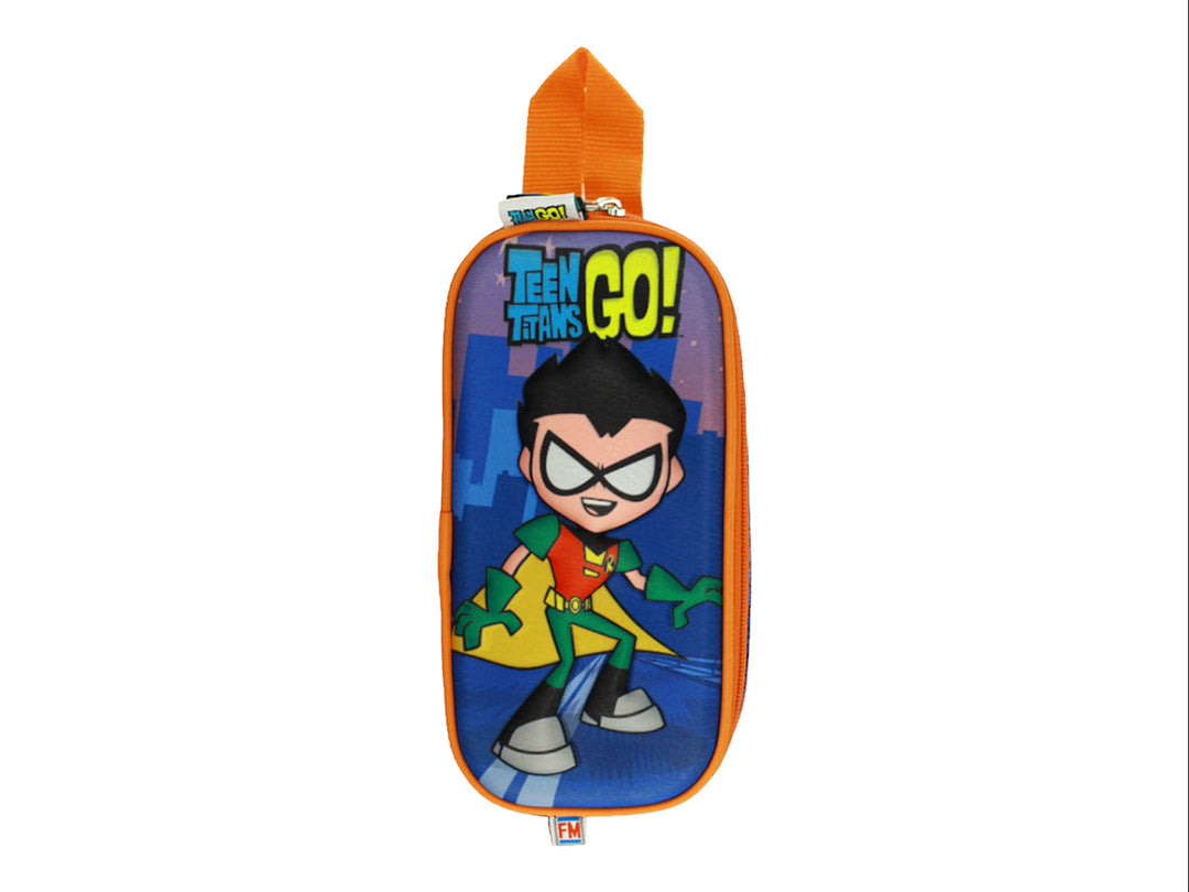 Lapicera escolar de Teen Titans Go en colores amarillo y azul con ilustración del personaje Robin.