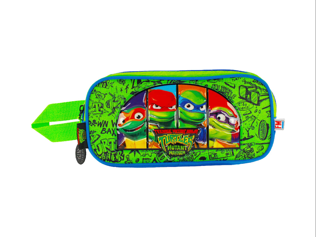 Lapicera verde de las Tortugas Ninja con imágenes de los personajes y detalles en azul.