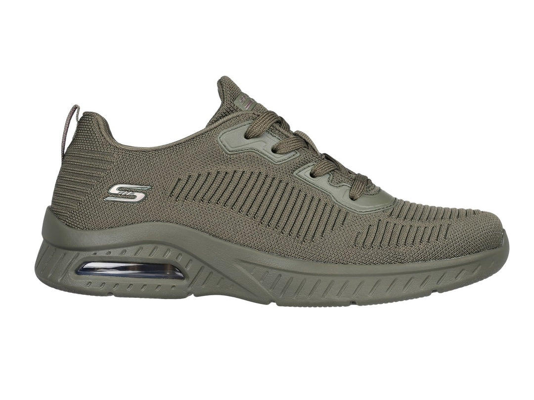 Tenis Skechers BOBS Squad Chaos Air en color oliva con suela amortiguada y parte superior de tela tejida.