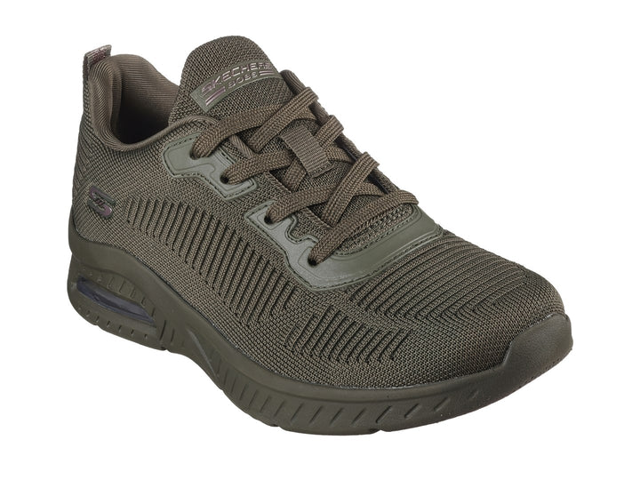 Tenis Skechers BOBS Squad Chaos Air en color oliva con suela amortiguada y parte superior de tela tejida.