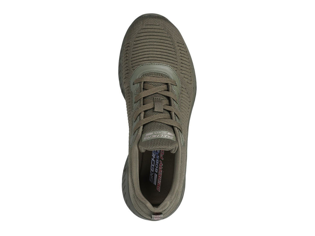 Tenis Skechers BOBS Squad Chaos Air en color oliva con suela amortiguada y parte superior de tela tejida.