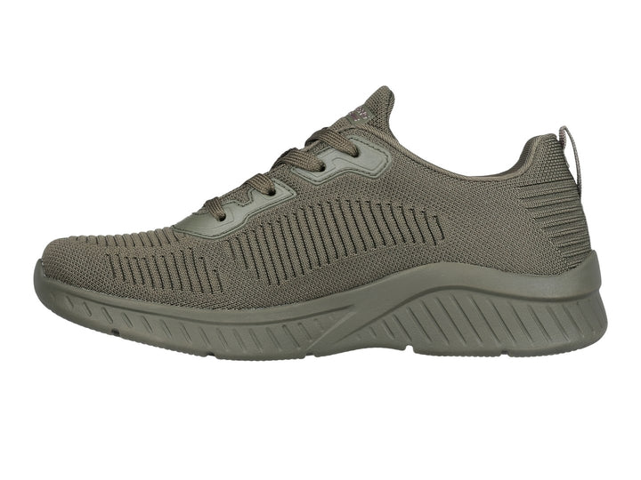 Tenis Skechers BOBS Squad Chaos Air en color oliva con suela amortiguada y parte superior de tela tejida.