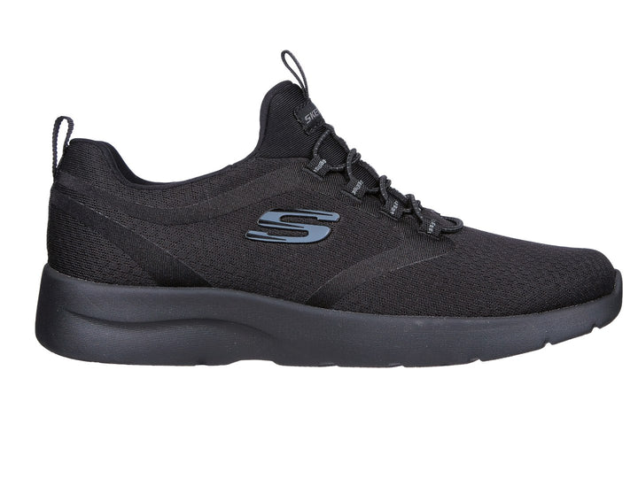 Tenis deportivos Skechers Dynamight 2.0 color negro con tejido de malla y suela gruesa.