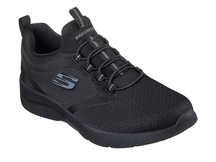 Tenis deportivos Skechers Dynamight 2.0 color negro con tejido de malla y suela gruesa.
