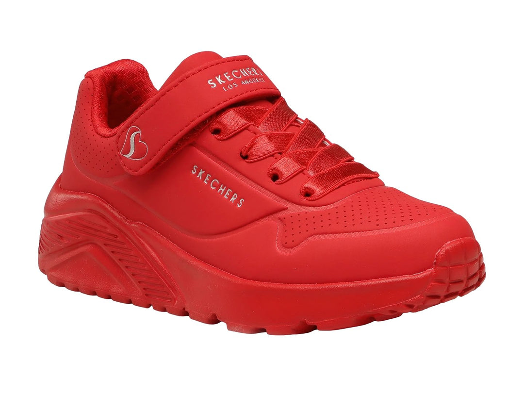 Tenis deportivos Skechers color rojo con correa y agujetas para Niño o Niña.