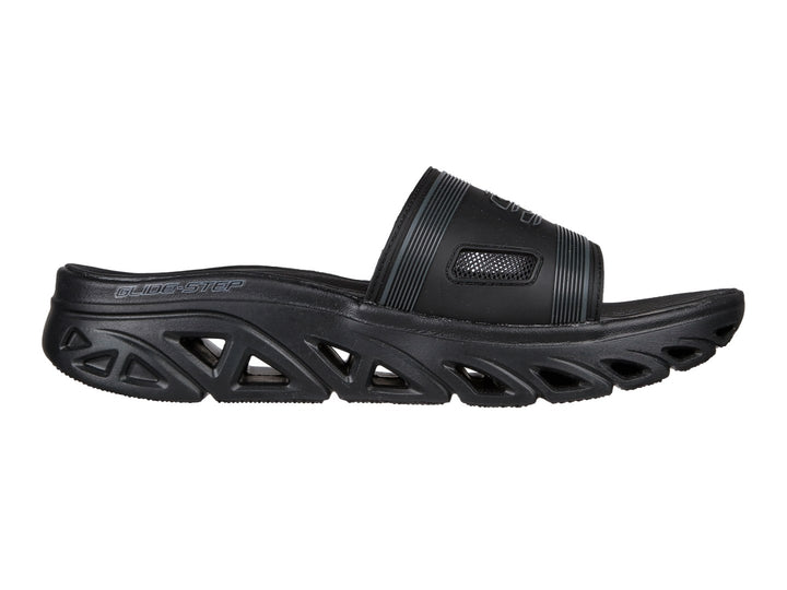 Sandalia SKECHERS Glide-Step Sport en color negro con suela esculpida y correa ancha.