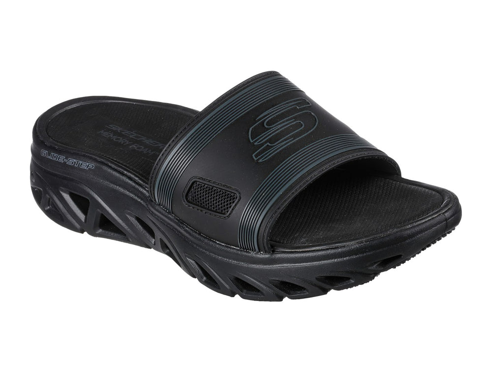 Sandalia SKECHERS Glide-Step Sport en color negro con suela esculpida y correa ancha.