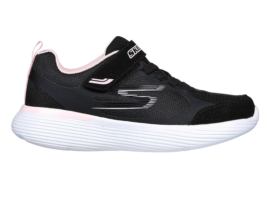Tenis deportivos Skechers negros con detalles en rosa y suela blanca para niño o niña.