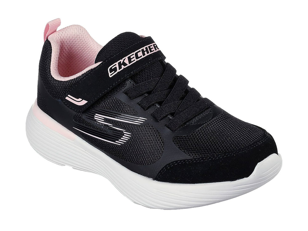 Tenis deportivos Skechers negros con detalles en rosa y suela blanca para niño o niña.
