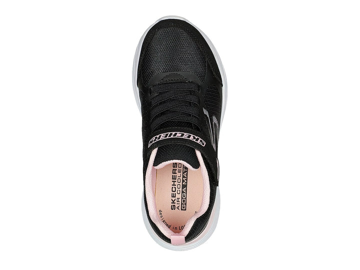 Tenis deportivos Skechers negros con detalles en rosa y suela blanca para niño o niña.