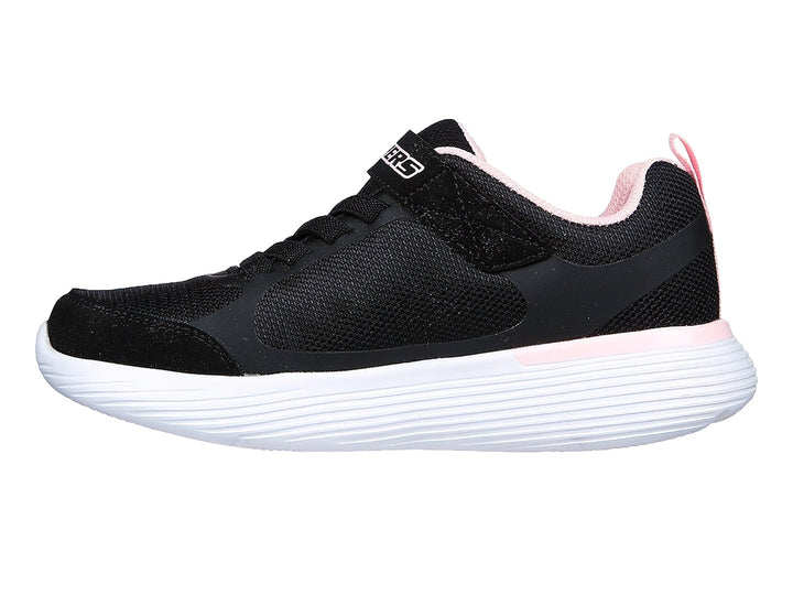 Tenis deportivos Skechers negros con detalles en rosa y suela blanca para niño o niña.