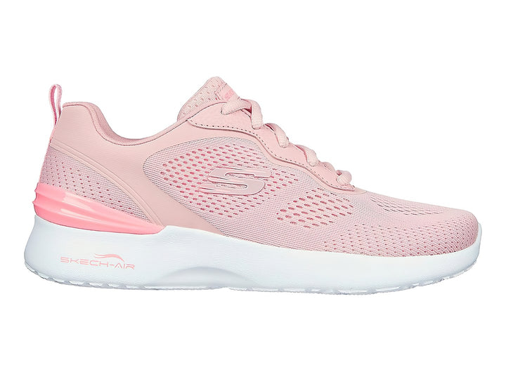 Tenis deportivos Skechers color rosa con suela blanca y tejido de malla transpirable.