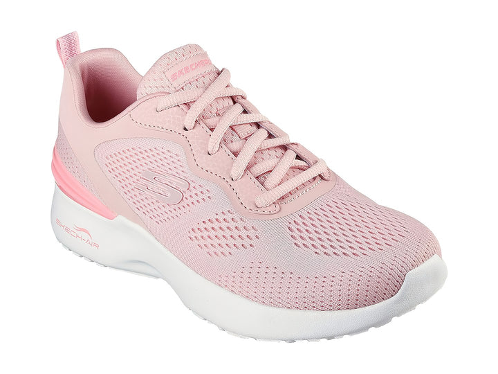 Tenis deportivos Skechers color rosa con suela blanca y tejido de malla transpirable.