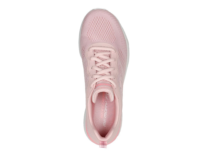 Tenis deportivos Skechers color rosa con suela blanca y tejido de malla transpirable.
