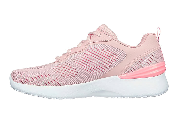 Tenis deportivos Skechers color rosa con suela blanca y tejido de malla transpirable.