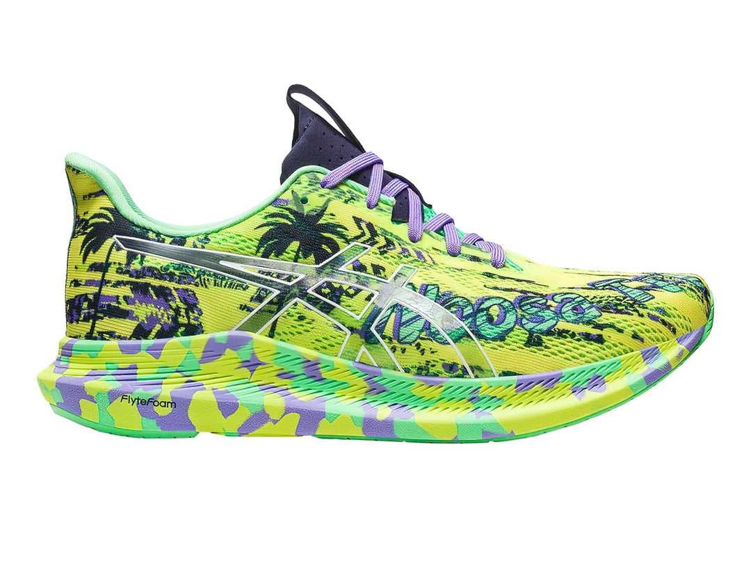 Tenis deportivos ASICS Noosa Tri 14 color amarillo con detalles púrpura y diseño gráfico de palmeras.