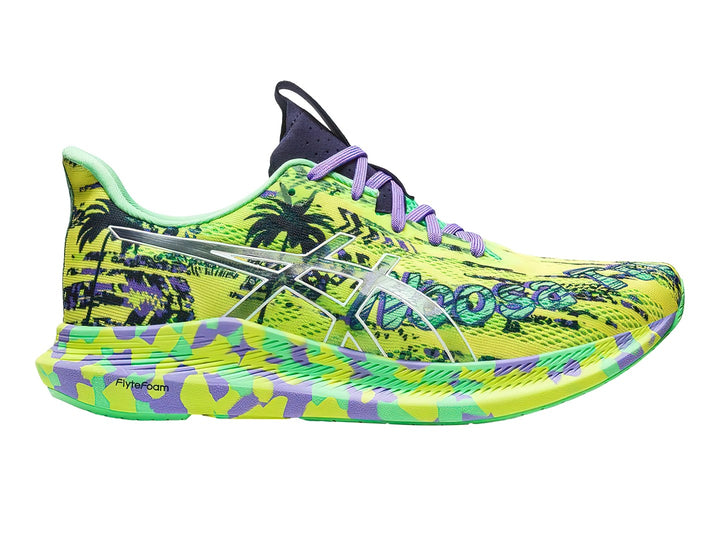 Tenis deportivos ASICS Noosa Tri 14 color amarillo con detalles púrpura y diseño gráfico de palmeras.