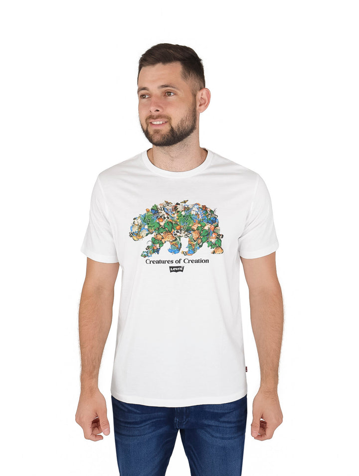 Camiseta blanca de manga corta con estampado gráfico de animales y el texto Creatures of Creation.