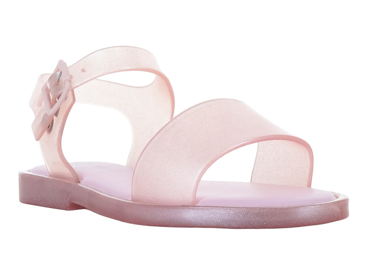 Sandalias infantiles Mini Melissa de color rosa brillante con correa ajustable y hebilla.