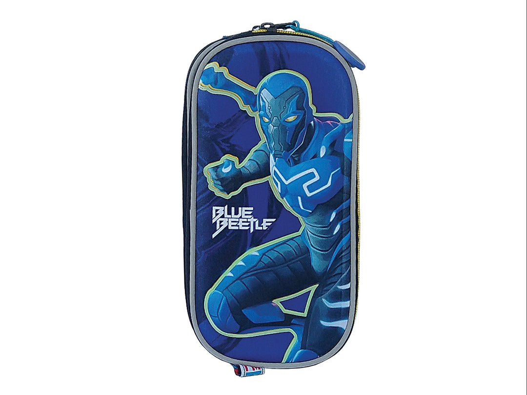 Lapicera azul y morada con estampado del personaje Blue Beetle para niño.