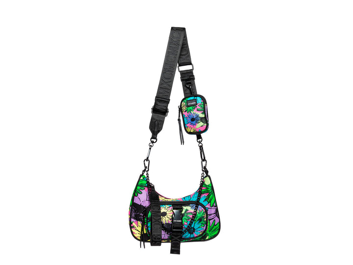 Bolso Steve Madden modelo Blouie con estampado floral multicolor, detalles de cadena negra y cierre superior.