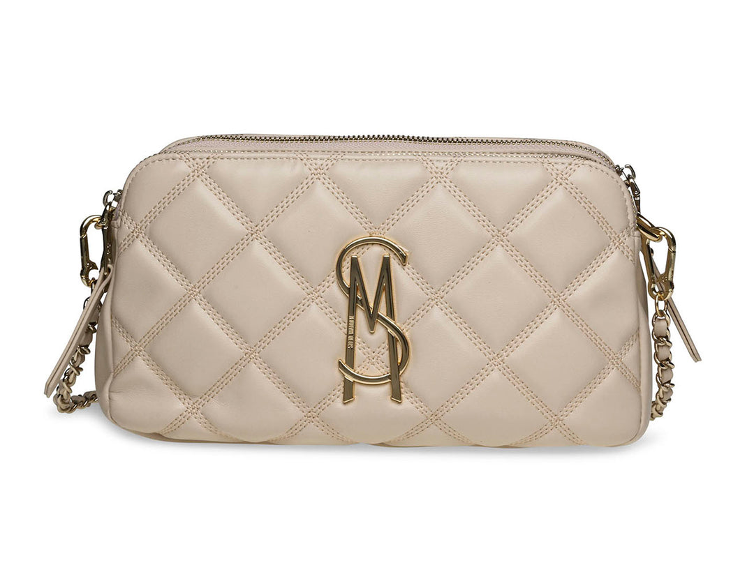 Bolso pequeño de hombro color bone con diseño acolchado y correa de cadena dorada de Steve Madden.