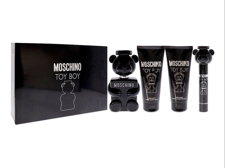 Set de fragancias Moschino Toy Boy de 4 piezas en color negro, incluye perfume con forma de oso y geles.