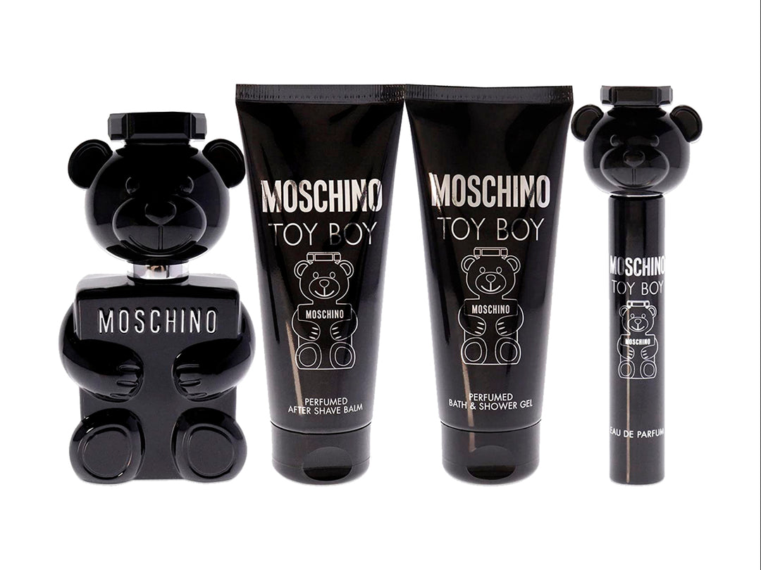 Set de fragancias Moschino Toy Boy de 4 piezas en color negro, incluye perfume con forma de oso y geles.