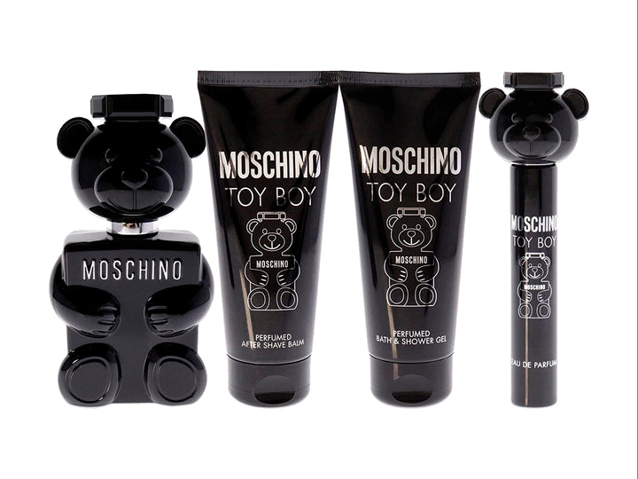 Set de fragancias Moschino Toy Boy de 4 piezas en color negro, incluye perfume con forma de oso y geles.
