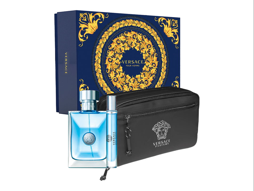 Set de fragancias Versace para Hombre que incluye perfume, atomizador y neceser negro con caja decorativa azul y dorada.