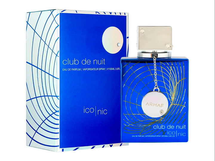 Perfume Armaf Club de Nuit Iconic para Hombre en botella y caja color azul con detalles plateados.