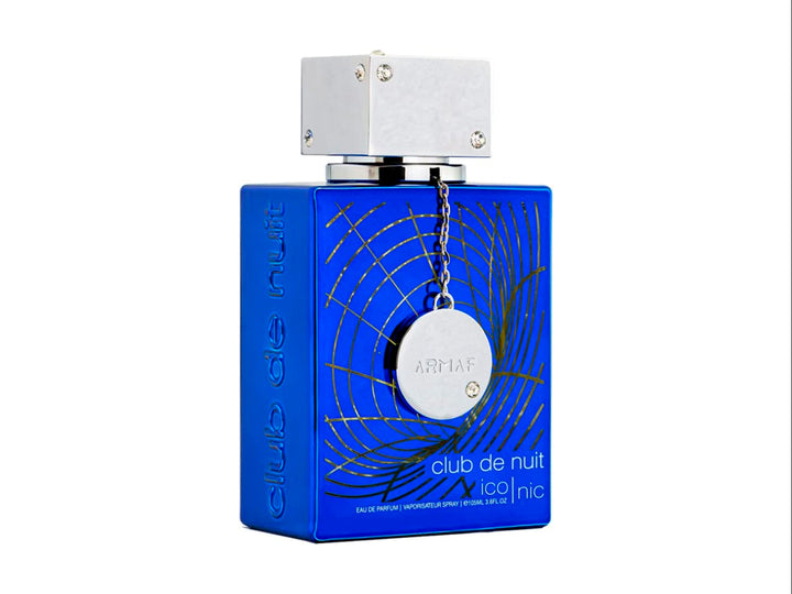 Perfume Armaf Club de Nuit Iconic para Hombre en botella y caja color azul con detalles plateados.