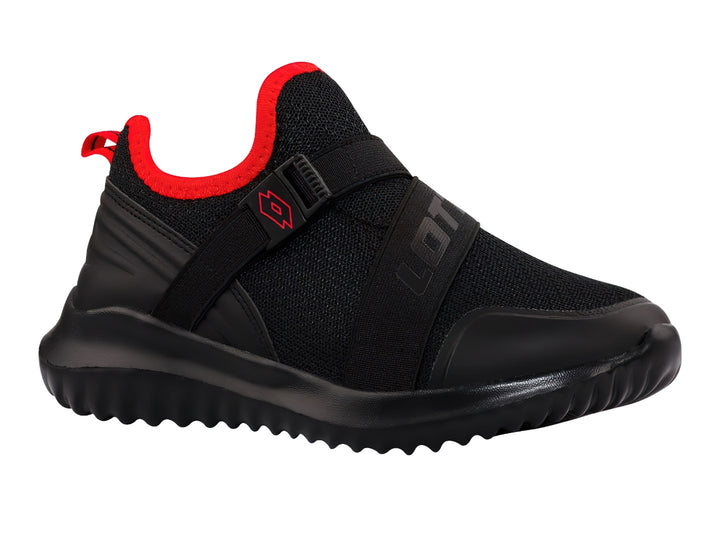 Tenis deportivos Lotto color negro con detalles en rojo y correa ajustable sobre el empeine.