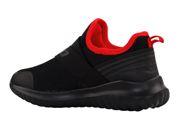 Tenis deportivos Lotto color negro con detalles en rojo y correa ajustable sobre el empeine.