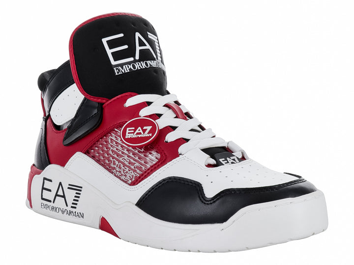 Tenis Emporio Armani de corte alto en colores rojo, negro y blanco con suela blanca.