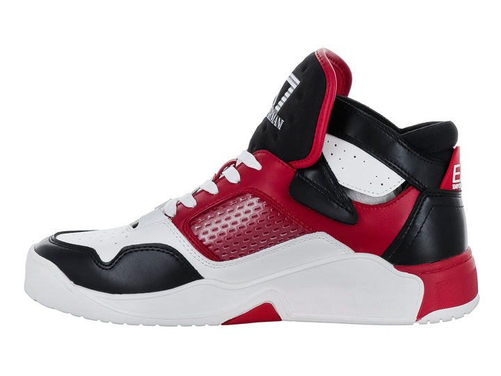 Tenis Emporio Armani de corte alto en colores rojo, negro y blanco con suela blanca.